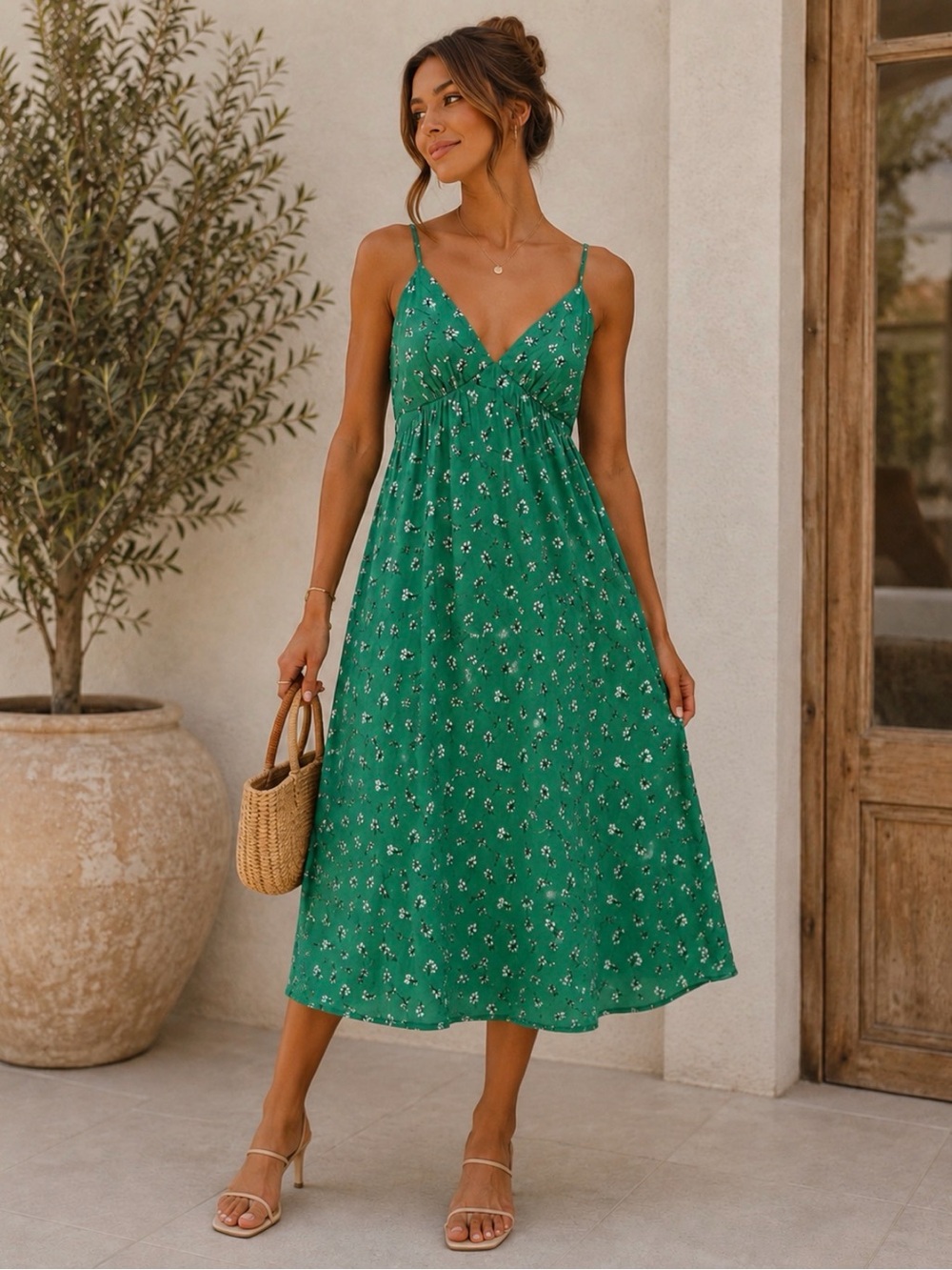 Green Floral V-Neck Spaghetti-Strap Midi Dress